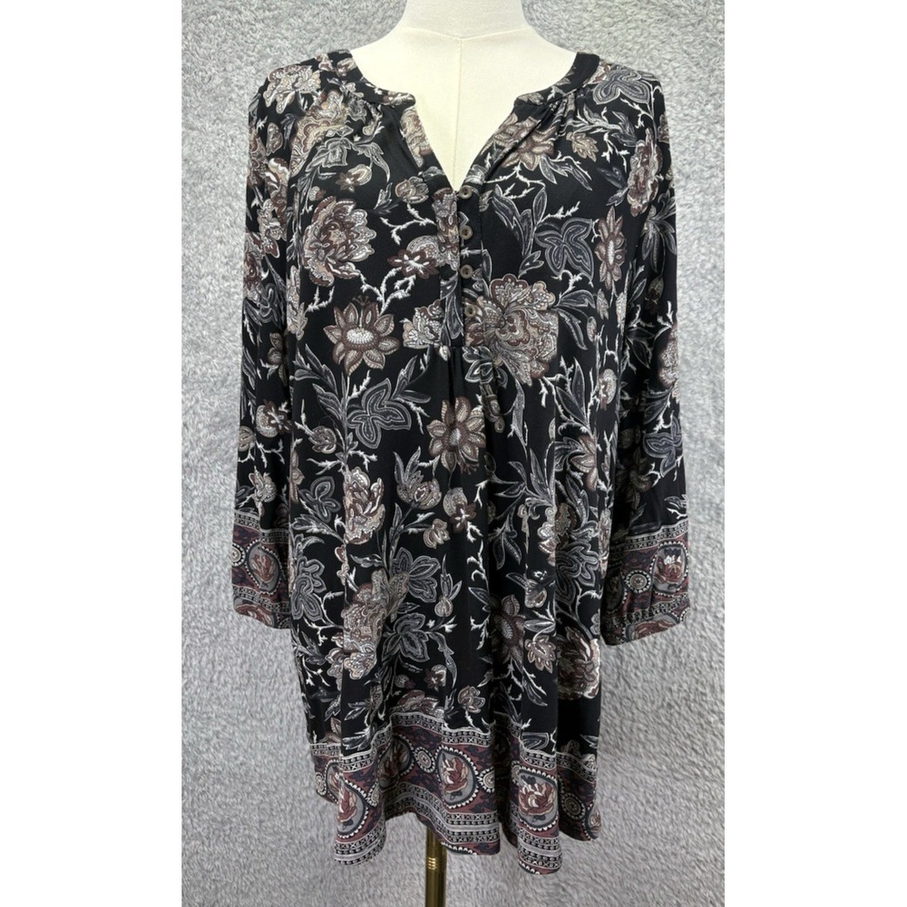 Lucky Brand Womens 2X Floral Tunic Black V Neck Viscose Peasant Boho Plus Size
